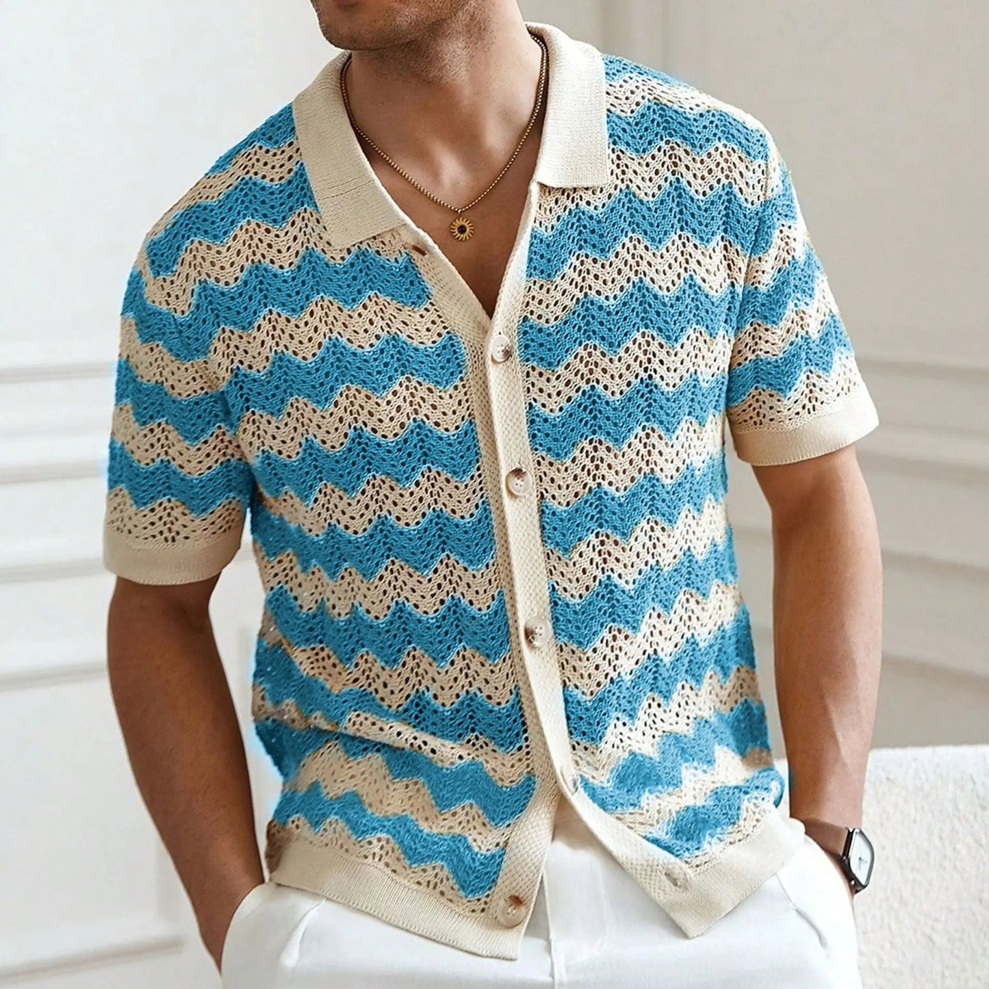 Monaco Wave Knit Button-Up